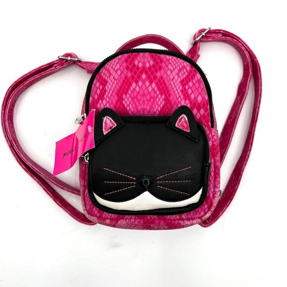 Betsey Johnson Kitsch Cat Mini Backpack Pink‎ Snakeskin Floral Interior - Picture 1 of 8